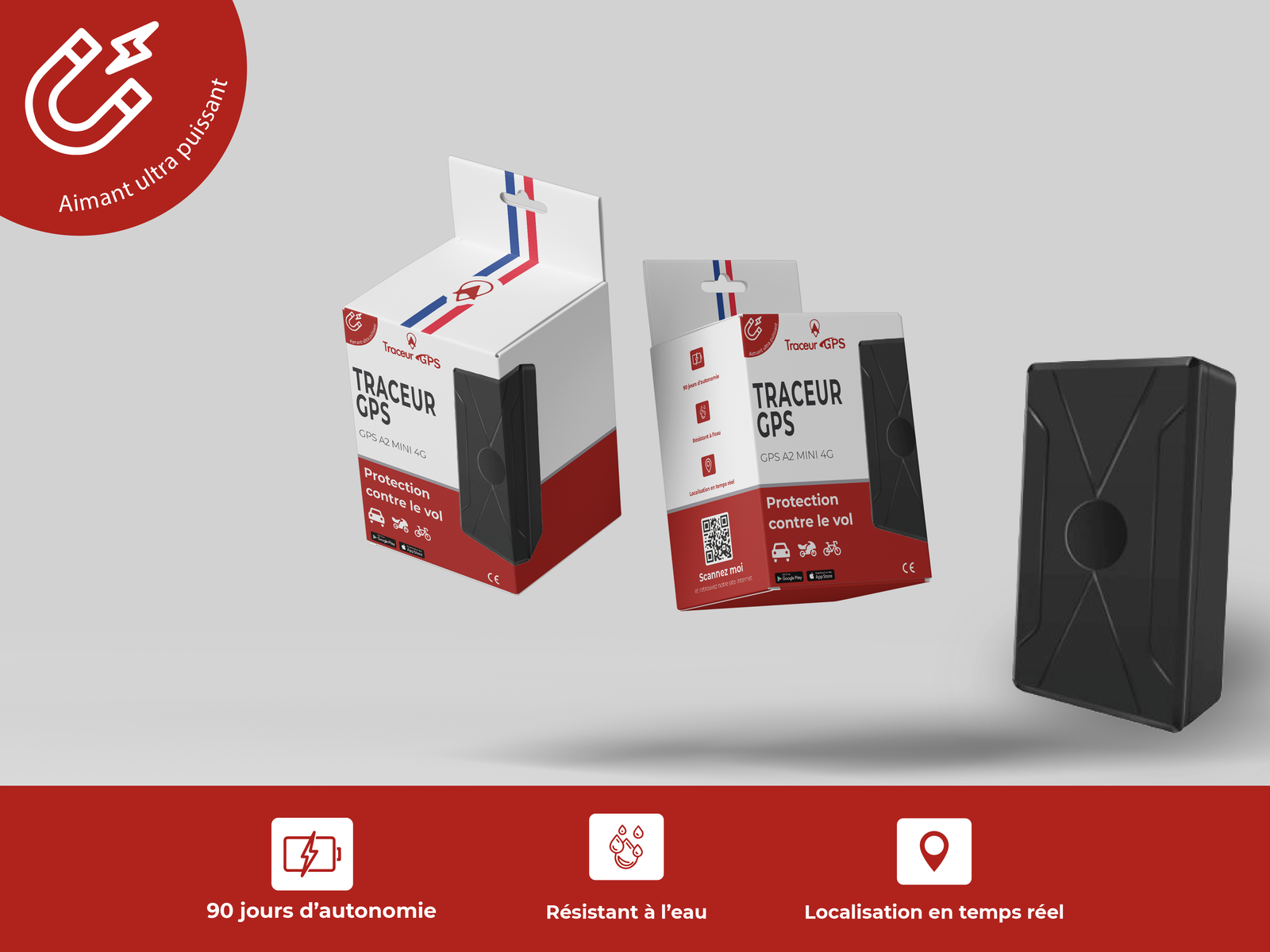 Traceur GPS Aimanté GTRACK - Autonomie 45 jours, Installation magnétique, Localisation temps réel